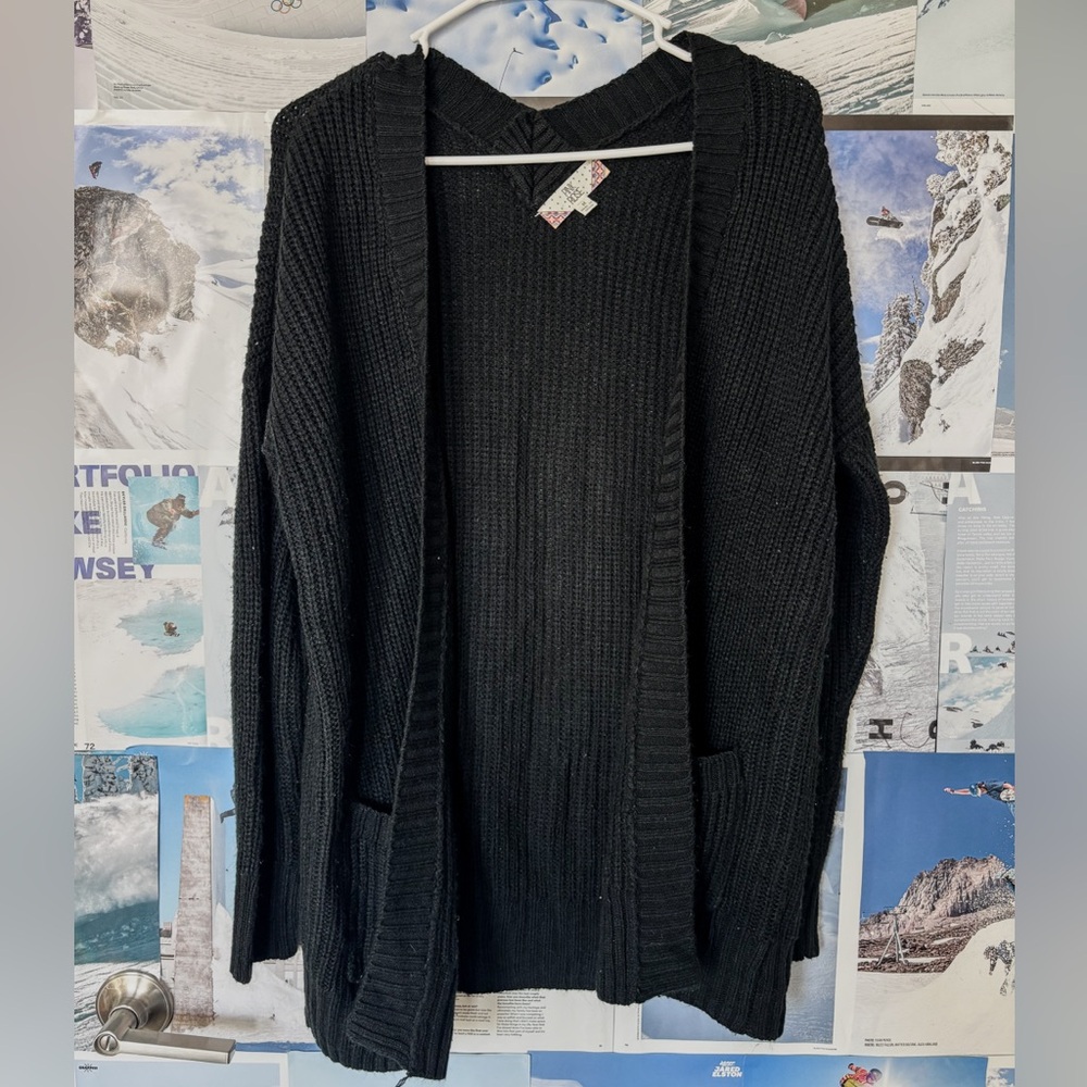 Pink Rose Black Open-Front Ribbed Cardigan